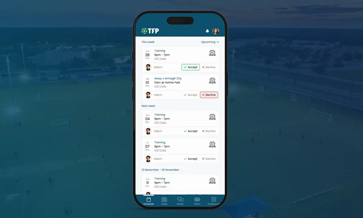 Guardians view of Schedule within the TeamFeePay app